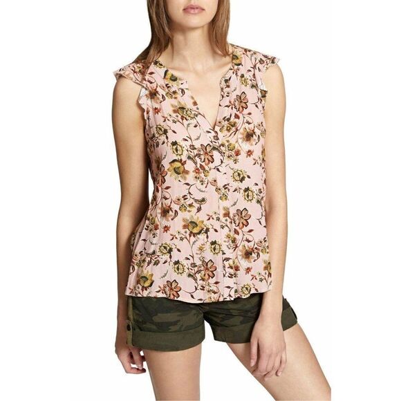 Sanctuary High Low Blouse Top Women's XS Pink White Yellow Floral Flutter-Sleeve - Picture 9 of 11